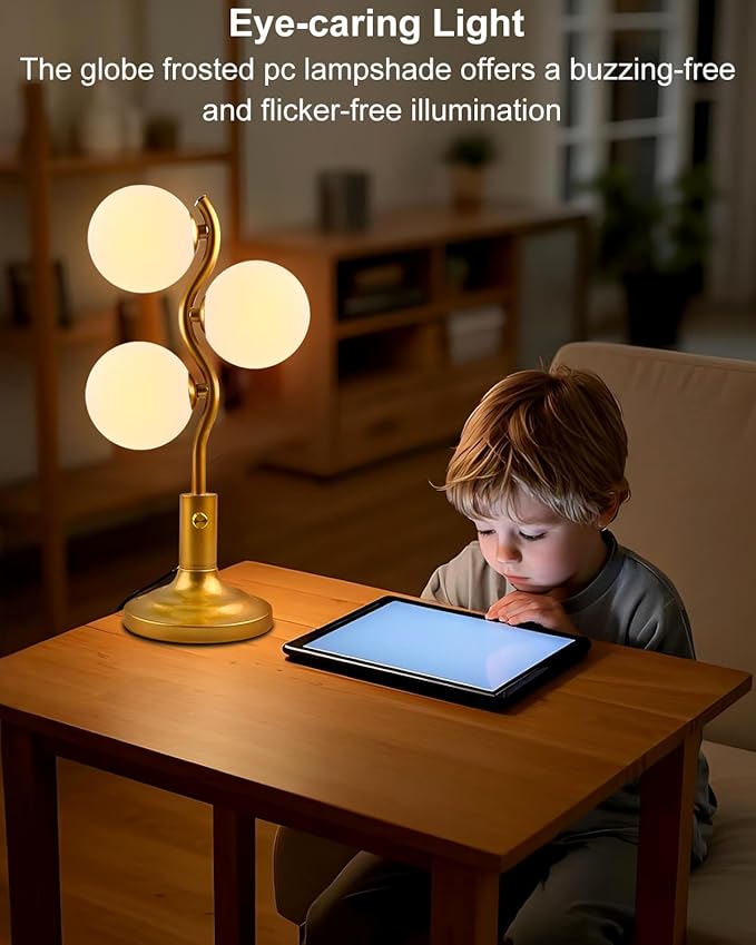 3-Globe Table Lamp for Bedroom, Mid Century Modern Gold Desk Lamp 3000K Warmwhite Dimmable Nightstand Bedside Lamp for Living Room Study Room(G9 Bulbs Included)