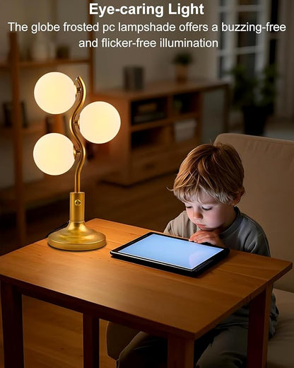 3-Globe Table Lamp for Bedroom, Mid Century Modern Gold Desk Lamp 3000K Warmwhite Dimmable Nightstand Bedside Lamp for Living Room Study Room(G9 Bulbs Included)
