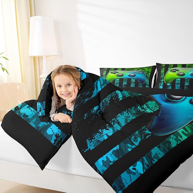 Gamer Comforter Set King Kids Boys Teens USA Flag Stars Down Comforter Gaming Comforter Gamer Room Decor Camo Video Game Bedding Set, Gamepad Console Duvet, Youth Young Man Quilt, Grunge Style
