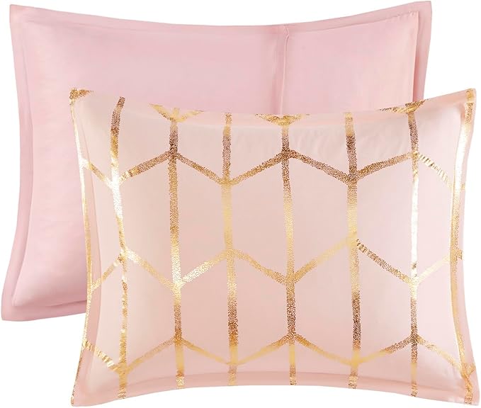 Intelligent Design Raina Twin/ Twin XL Comforter Set, Chic Geometric Metallic Bed Set for girls, 4 Pieces Dorm College Bedding with 1 Shams, 2 Toss Pillows, Blush/Gold