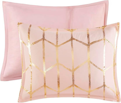 Intelligent Design Raina Twin/ Twin XL Comforter Set, Chic Geometric Metallic Bed Set for girls, 4 Pieces Dorm College Bedding with 1 Shams, 2 Toss Pillows, Blush/Gold
