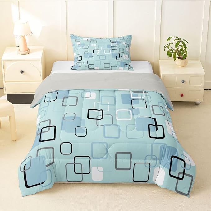 Erosebridal Aqua Geometric Square Toddler Bedding Set Modern Stripes Aesthetic Comforter Set for Kids Girls Boys Modern Gradient Ombre Down Comforter Soft Teal Grid Quilt Duvet