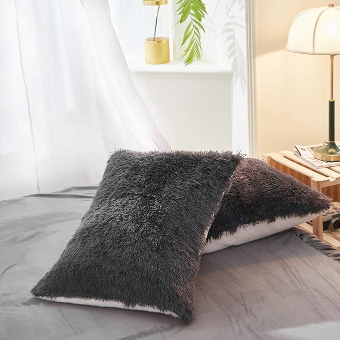 Flysheep Luxury Faux Fur Twin Size Winter Comforter Set Shaggy Velvet Dark Gray/Black Long Hair, 3 Pieces Plush Flannel Sherpa Backing Reversible Soft Microfiber Super Warm Bedding Set for Holiday