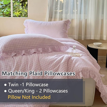 NSNLGSGC Pink Ruffle Gingham Comforter Set Twin, Pre-Washed Ruffled Plaid Checked Comforter Bedding, 2 Pieces Vintage Farmhouse Grid Bedding Set(Pink Gingham, Twin)