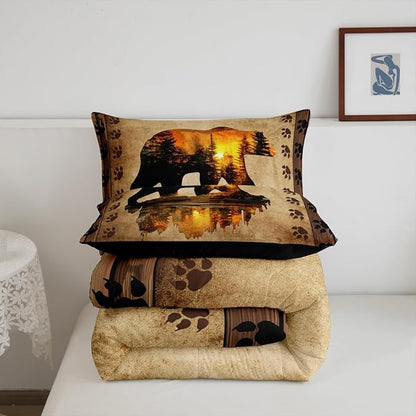 Feelyou Bear Comforter Set Twin Size Farmhouse Wild Animal Comforter Retro Rustic Woodland Bedding Set for Kids Boys Girls Brown Bear Paws Print Duvet Set Rustic Bedroom Decor Quilted Set 2Pcs