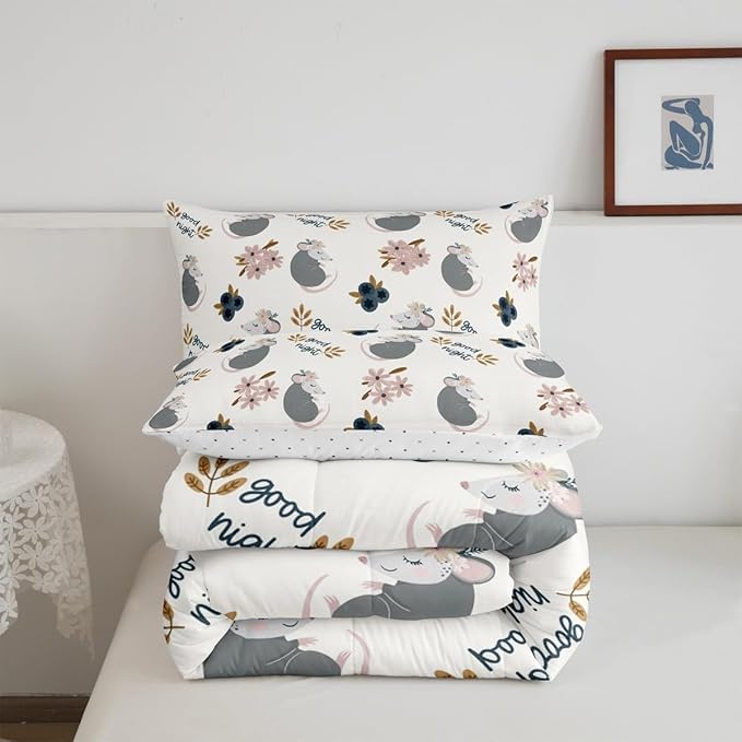 Cartoon Animals Bed Comforter Set Queen Size,Watercolor Flower Plant Super Soft Microfiber Bedding Set for Adults Teens,Cute Opossum Comforter Set,2 Pillowcases