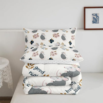 Cartoon Animals Bed Comforter Set Queen Size,Watercolor Flower Plant Super Soft Microfiber Bedding Set for Adults Teens,Cute Opossum Comforter Set,2 Pillowcases