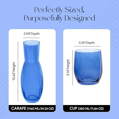 American Atelier 40 oz Bedside Water Carafe with Tumbler – 2-Piece Ribbed Glass Night Pitcher with Cup Lid for Nightstand, Guest Room & Office, Stylish & Durable Drinkware (Cobalt Blue)