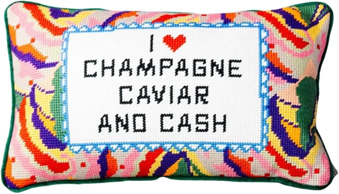 FURBISH Needlepoint Decorative Throw Pillow - Caviar and Cash - 9"x15" - Small Embroidered Designer Pillow for Living Room, Couch, Sofa, Chair & Bed - Eclectic Home Decor