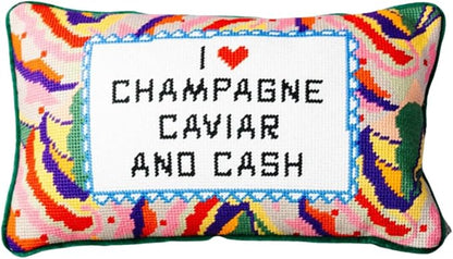 FURBISH Needlepoint Decorative Throw Pillow - Caviar and Cash - 9"x15" - Small Embroidered Designer Pillow for Living Room, Couch, Sofa, Chair & Bed - Eclectic Home Decor