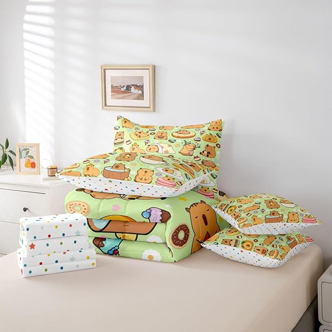Capybara Themed 7 Pcs Bedding Set King Size,Funny Cute Capybaras Bed in a Bag,Rodent Animals Bed Set Includes Comforter,Sheet Set,Pillowcases & Pillow Covers,Yummy Desserts Love Hearts Bedroom Decor