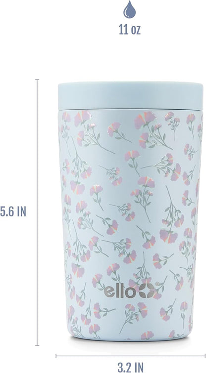 Ello Jones 11oz Insulated Stainless Steel Travel Mug with Leak-Proof Slider Lid, Single Serve Small Coffee Tumbler, Keeps Drinks Hot 3 Hours Cold 8 Hours, BPA-Free, Serene Blooms
