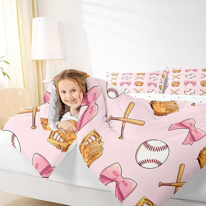 Castle Fairy Bow Baseball Bedding Sets Full Size,Baseball Bat Gloves Comforter Set 3Pcs for Kids Girls Boys Women Room Decor,Girl Sports Games Quilted Duvet Kawaii Pink Down Comforter,2 Pillowcases