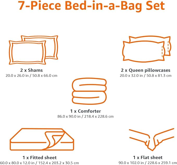 Amazon Basics Full/Queen Comforter Set with Plaid, Striped Sheets, 7-Piece Red Simple Stripe Bedding, Lightweight Microfiber Bed-in-a-Bag