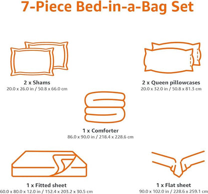 Amazon Basics Full/Queen Comforter Set with Sheets, 7-Piece Blue Calvin Striped Bedding, Lightweight Microfiber Bed-in-a-Bag