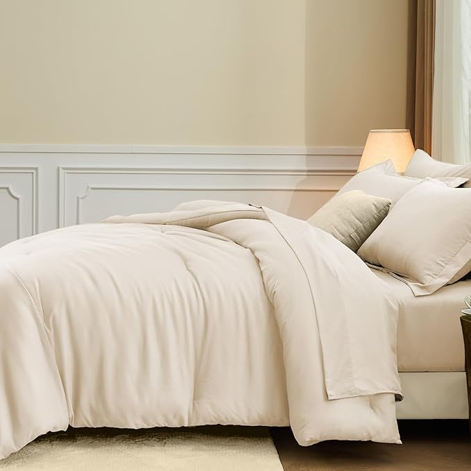 FUANNA Queen Comforter Set Beige, 7 Pieces Soft Bedding Sets Queen Size, All Season Lightweight Bed in a Bag with Comforter, Flat Sheet, Fitted Sheet, Pillowcases & Shams