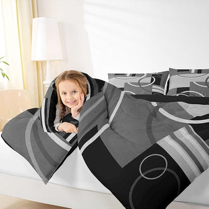 Circles Comforter Set Modern Grey Black White Bedding Sets Full Size Abstract Swirls Square Quilted Duvet Geometric Stripe Duvet Set Modern Creative Soft Down Comforter With 2 Pillow Shams