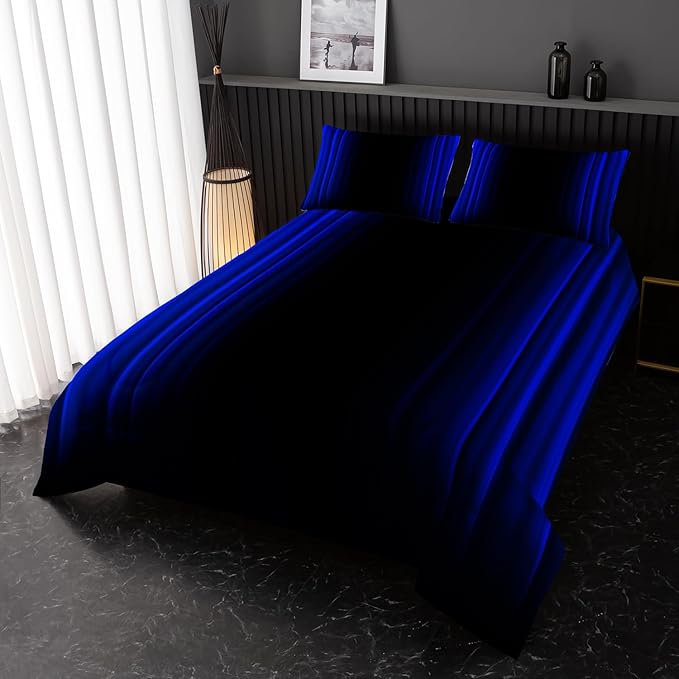 Blue and Black Bedding Set Queen Size Abstract Ombre Comforter Set for Teen Boys, Mordern Bedding Set 3 Piece in A Bag,Dark Quilt Set Mordern Art Decor Lightweight All Seasons with Pillowcases