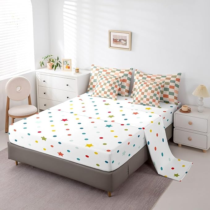 Feelyou Multicolored Checkered Retro 7 Piece Bedding Set Kids Boys Geometric Vintage Comforter Set with Sheets Full Size Ivory White Colorful Bed in a Bag Modern Simple Groovy Aesthetic Room Decor