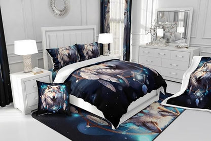 Erosebridal Wolf Dream Catcher Full Comforter Set,Indian Wolf Hunting Bedding Set for Kids Adults Bedroom Decor,Boho Exotic Bed Set Wildlife Safari Bedding Comforter Sets,2 Pillowcases