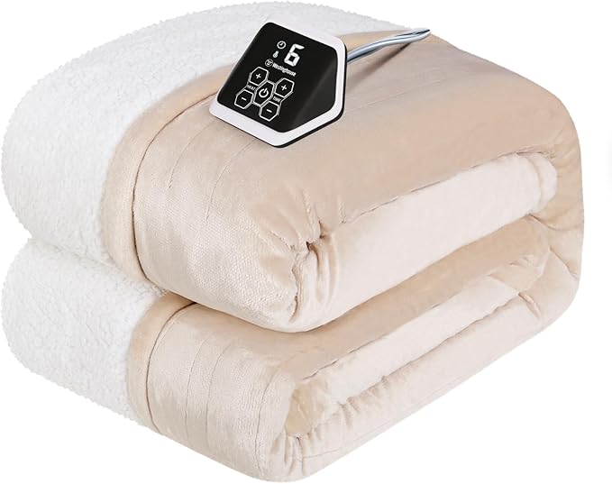 Westinghouse Heated Blanket Twin Size, Soft Flannel to Sherpa Electric Blanket with 10 Heating Levels, 1-12 Hours Auto Shut Off, Fast Heating, Machine Washable, 62x84 Inch, Beige