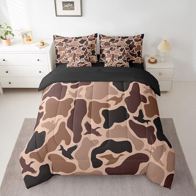 Erosebridal Duck Huner 7 Piece Bedding Set Full Camo Comforter Set with Sheets Rustic Hunting Army Bed in a Bag Woodland Camouflage Military Bed Sets Comforter