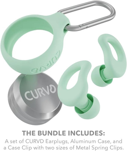 CURVD Everyday Earplugs + Case Clip Bundle, The Perfect earplug for Sleep, Travel, Noise Sensitivity/canceling + Case Clip Package Portable Waterproof Container & Silicone Sleeve for Ear Plugs(Mint)