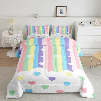 Erosebridal Love Heart Down Comforter Queen Size,Cartoon Rainbow Comforter Set for Kids Teens Boys Girls, Kawaii Decor Quilt for All Season, Stripes Quilt, Colorful