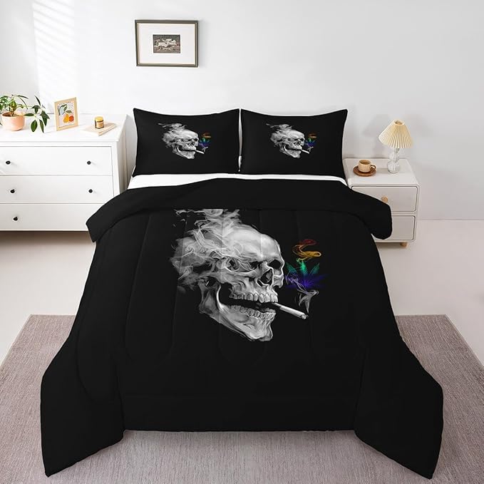 Erosebridal Gothic Skull Bedding King, Leaves Comforter Set for Kids Boys Girls,Smoky Skeleton Down Comforter, Plant Tropical Botanical Bedding Comforter Sets for Bedroom Decor