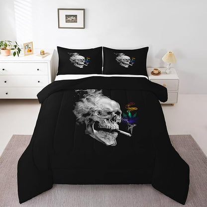Erosebridal Gothic Skull Bedding King, Leaves Comforter Set for Kids Boys Girls,Smoky Skeleton Down Comforter, Plant Tropical Botanical Bedding Comforter Sets for Bedroom Decor