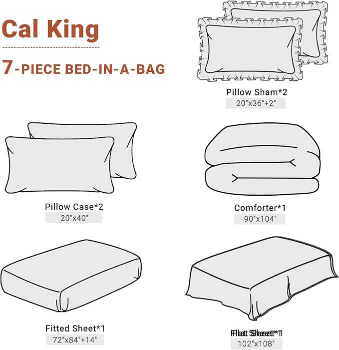 JOLLYVOGUE Burnt Orange Cal King Size Comforter Sets 7 Pieces, Pintuck Bed in a Bag Comforter Set for Bedroom, Bedding Comforter Sets with Comforter, Sheets,Ruffled Shams & Pillowcases
