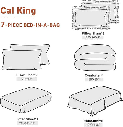 JOLLYVOGUE Burnt Orange Cal King Size Comforter Sets 7 Pieces, Pintuck Bed in a Bag Comforter Set for Bedroom, Bedding Comforter Sets with Comforter, Sheets,Ruffled Shams & Pillowcases