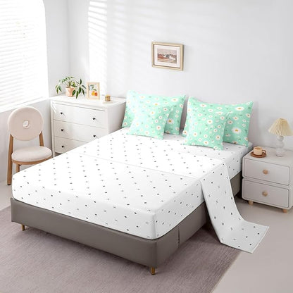 Feelyou Daisy Comforter Set with Sheets for Girls Boys Kids Queen Size Botanical Floral Printed 7 Piece Bedding Set Green Blossom Flowers Pattern Bed in a Bag Natural Theme Room Decor Breathable Soft