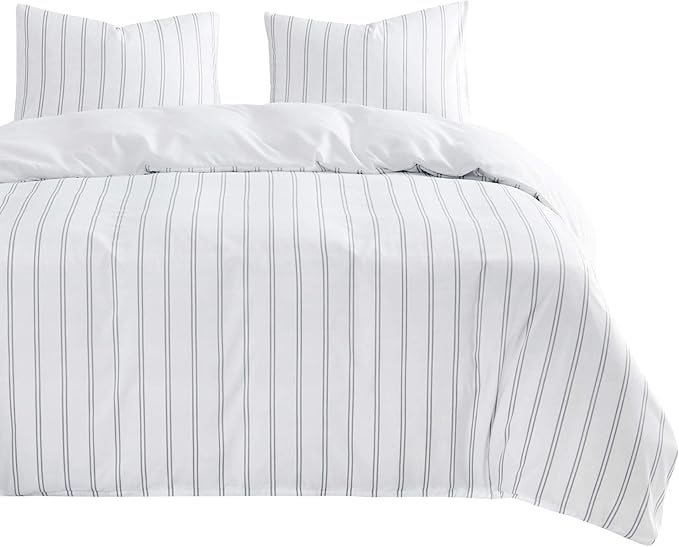 Wake In Cloud - Striped Comforter Set, Ticking Stripe Vertical Pinstripe Neutral Farmhouse Pattern Printed, Soft Lightweight Bedding, 3 Pieces, Gray White, Twin/Twin XL Size