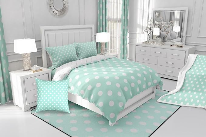 Manfei Polka Dots Comforter Set,Modern Geometric Circles Abstract Simple Art Bedding Set for Kids Teens Bedroom,Cartoon French Style Dots Green White Quilt Set 2 Pcs with 1 Pillowcase,Twin