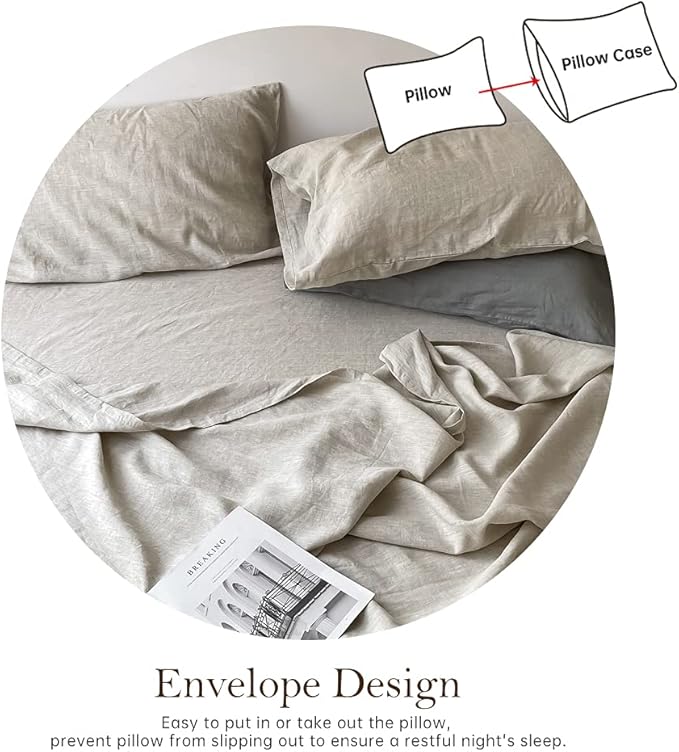 Simple&Opulence Washed Linen Bed Sheet Set Basic Style 4 Pieces (1 Flat Sheet & 1 Fitted Sheet & 2 Pillowcases) 100% Natural French Flax Soft Breathable Farmhouse Bedding (King, Linen)