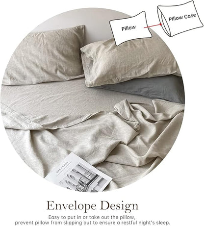 Simple&Opulence Washed Linen Bed Sheet Set Basic Style 4 Pieces (1 Flat Sheet & 1 Fitted Sheet & 2 Pillowcases) 100% Natural French Flax Soft Breathable Farmhouse Bedding (King, Linen)