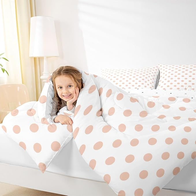 Manfei Polka Dots Pink White Comforter Set Twin Size,Geometric Circles Simple Art Bedding Set 2 Pcs for Boys Girls,Cute French Style Dots Cartoon Comforter,1 Pillowcase