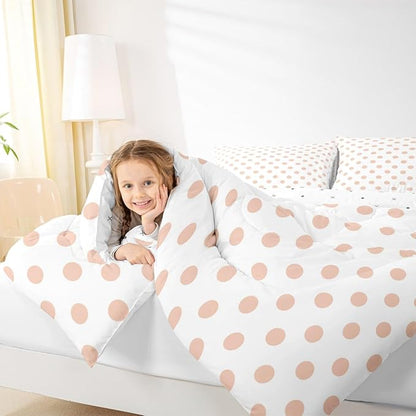 Manfei Polka Dots Pink White Comforter Set Queen Size,Geometric Circles Simple Art Bedding Set 3 Pcs for Teens Adults,Cute French Style Dots Cartoon Comforter,2 Pillowcases