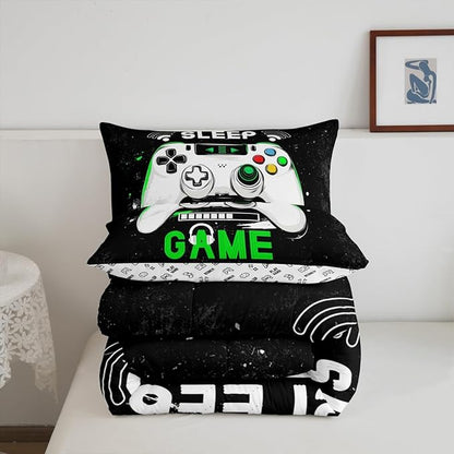 jejeloiu Eat Sleep Game Bedding Set King Size Cartoon Gamer Comforter Set for Kids Boys Girls Modern Game Duvet Set Black Green Quilt Set 3Pcs