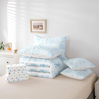 Feelyou Blue Bow Full Comforter Set with Sheets for Kids Boys Girls Cute Bowknot 7 Pieces Bedding Set Princess Bow Bed in a Bag Kawaii Room Decor Soft Lightweight Microfiber