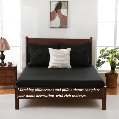 Sheet&Joy Full Size Comforter Set,7-Piece Bed in a Bag Double, Pintuck Bedding Set for All Season, Includes Comforter, Flat Sheet, Fitted Sheet, Pillowcases and Pillowshams, Black