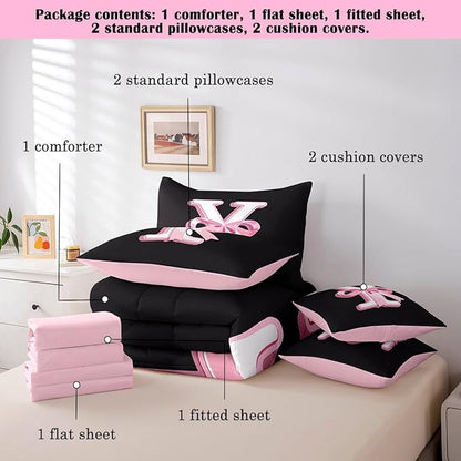 jejeloiu Kawaii Pink Bow King Comforter Set with Sheets,Gifts for Women Teen Girl,Monogrammed 7 Piece Bedding Set,Soft Personalized Initial Letter Y Bed in a Bag with Comforter,Sheets,Pillowcases