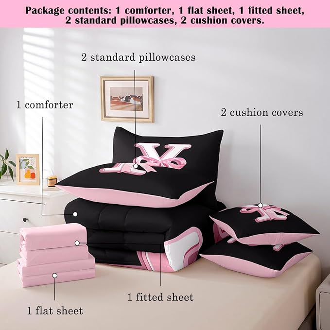 jejeloiu Kawaii Pink Bow Queen Comforter Set with Sheets,Gifts for Women Teen Girl,Monogrammed 7 Piece Bedding Set,Soft Personalized Initial Letter Y Bed in a Bag with Comforter,Sheets,Pillowcases