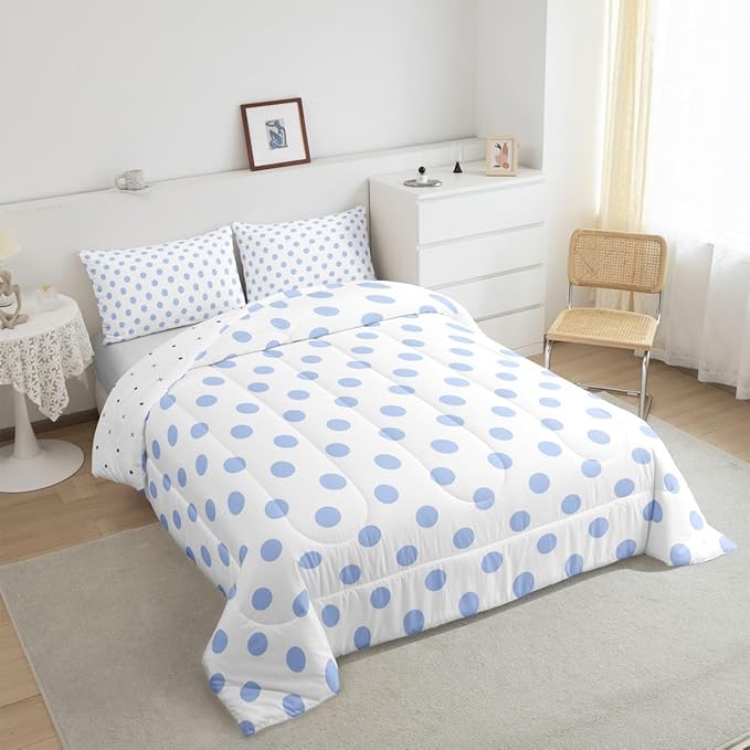 Manfei Blue Polka Dots Comforter Set,Geometric Circles Purple White Simple Art Bedding Set for Teens Young Room,French Style Dots Cartoon Cute Quilt Set 3 Pcs with 2 Pillowcases,Full