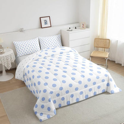 Manfei Blue Polka Dots Comforter Set,Geometric Circles Purple White Simple Art Bedding Set for Teens Young Room,French Style Dots Cartoon Cute Quilt Set 3 Pcs with 2 Pillowcases,Full