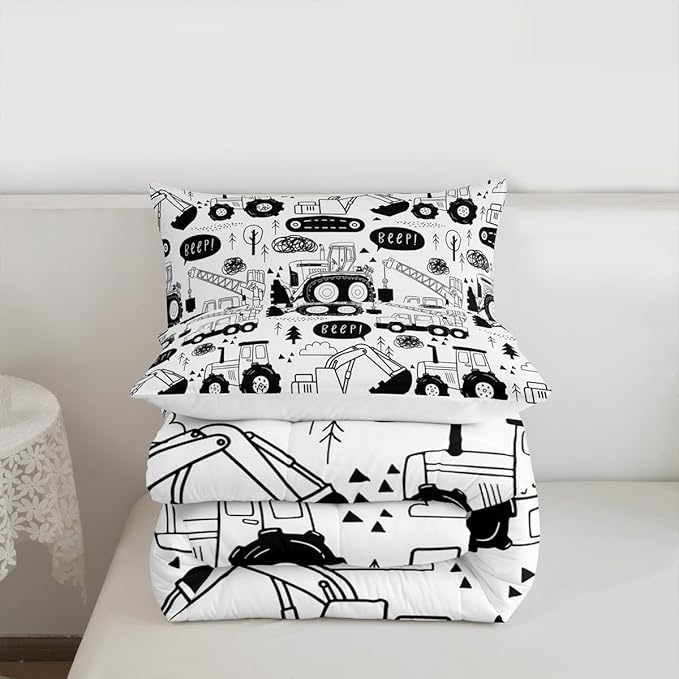 Cartoon Cars Kids Comforter Set King Size,Tractor Truck Excavator Toddler Bedding Set,Girls Boys Adults Room Decor,Construction Vehicles Down Comforter,Black White Chic Duvet Insert,2 Pillowcases