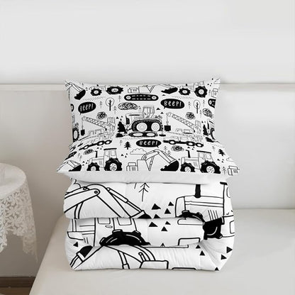 Cartoon Cars Kids Comforter Set King Size,Tractor Truck Excavator Toddler Bedding Set,Girls Boys Adults Room Decor,Construction Vehicles Down Comforter,Black White Chic Duvet Insert,2 Pillowcases