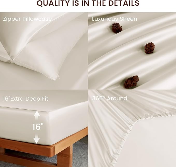 THXSILK Luxury Mulberry Silk Fitted Sheet Set 3 Pcs, Queen Silk Bed Sheet Set with 16" Deep Pockets, Soft & Cooling Sheets, 1 Fitted Sheet, 2 Pillowcases with Zipper Closure - White