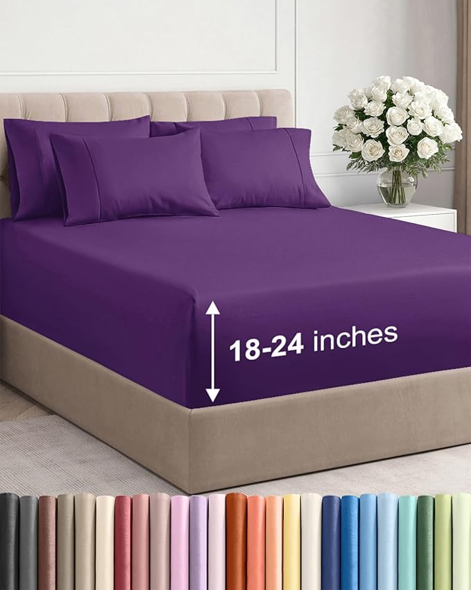 Extra Deep Queen Sheet Set - 6 Piece Breathable and Cooling Sheets - Hotel Luxury Bedding for Women, Men, Kids & Teens - Easy & Secure Fit - Soft, Wrinkle Free and Comfy - Extra Deep Pockets - Purple
